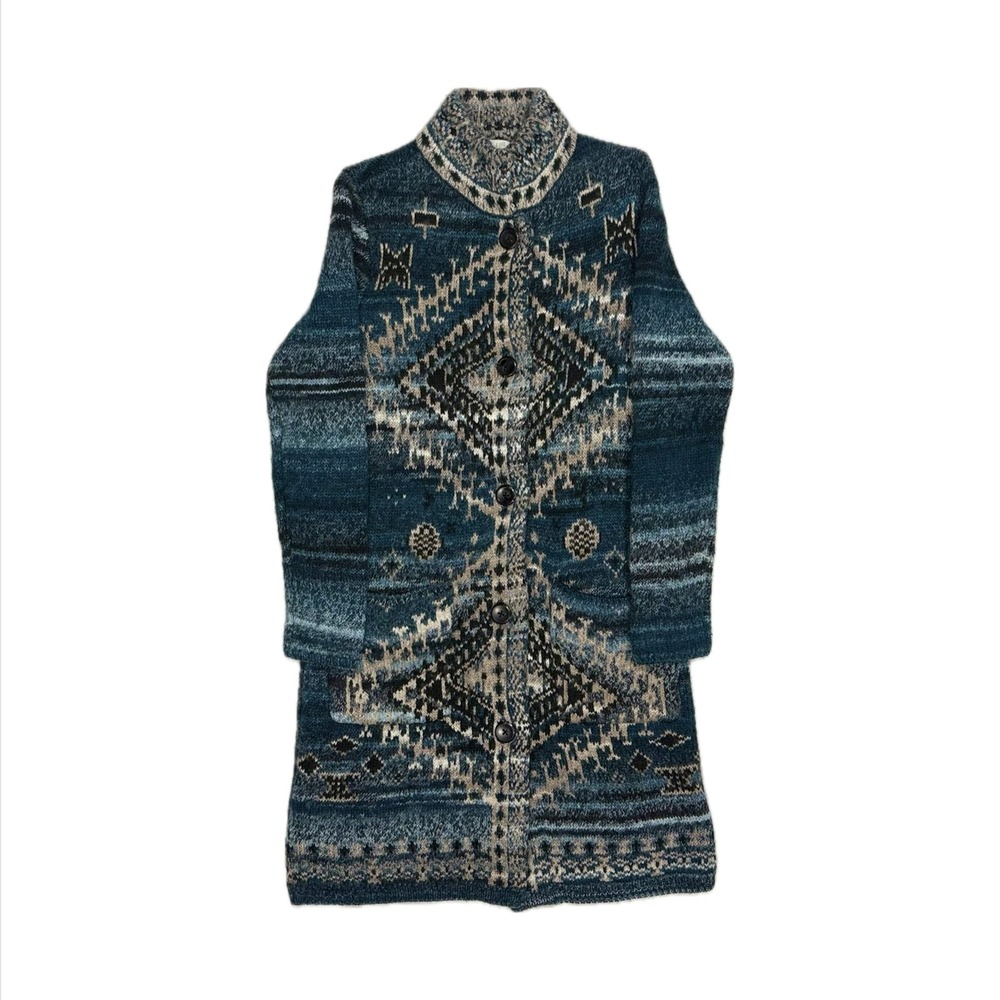 J Jill wool blend blue cream fair isle aztec cardigan sweater coat women's XS